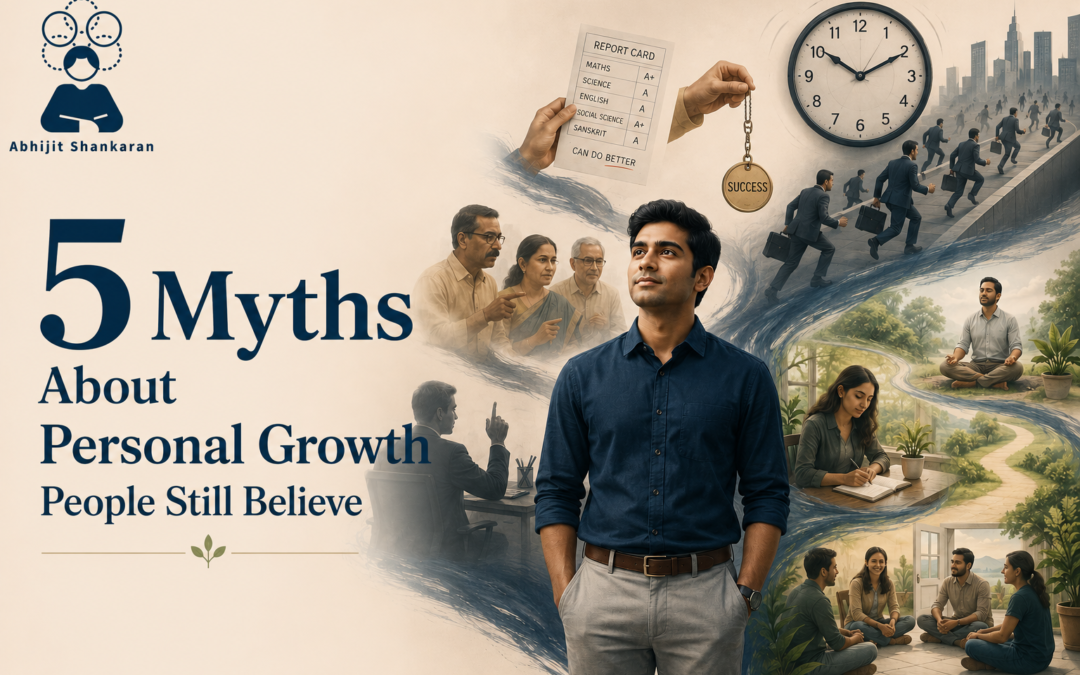 Editorial blog featured image for “5 Myths About Personal Growth People Still Believe” with the Abhijit Shankaran logo in the top-left and the title prominently displayed on a cream background. On the right, a calm young Indian professional stands at the centre, surrounded by symbols of external pressure—a report card, ticking clock, success medal, corporate race, and blurred family and workplace expectations—contrasted with peaceful scenes of meditation, journaling, supportive conversations, greenery, and an open path, illustrating the difference between societal expectations and healthy personal growth.